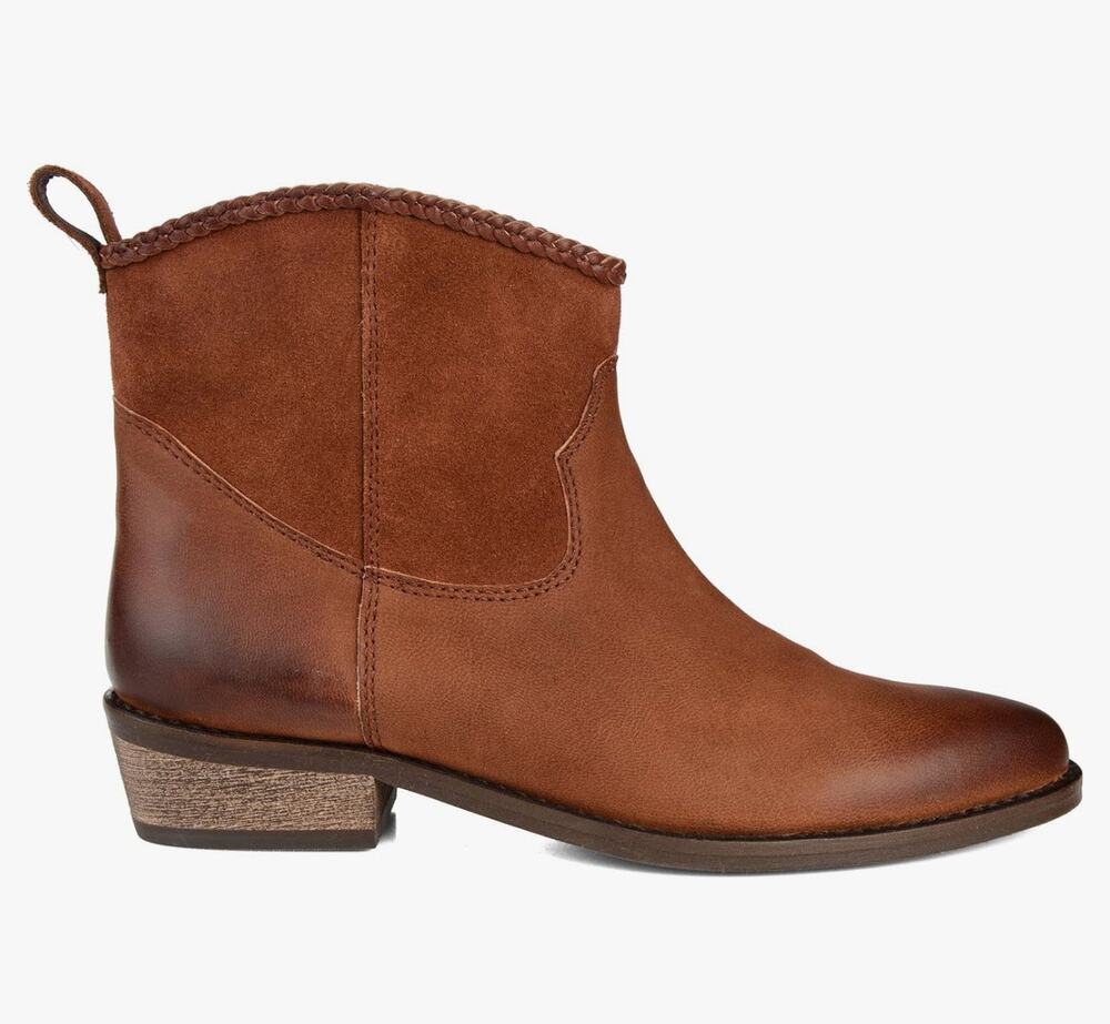 Journee Collection Brown Carmela Block Heel Leather Western Ankle Boot Size 6